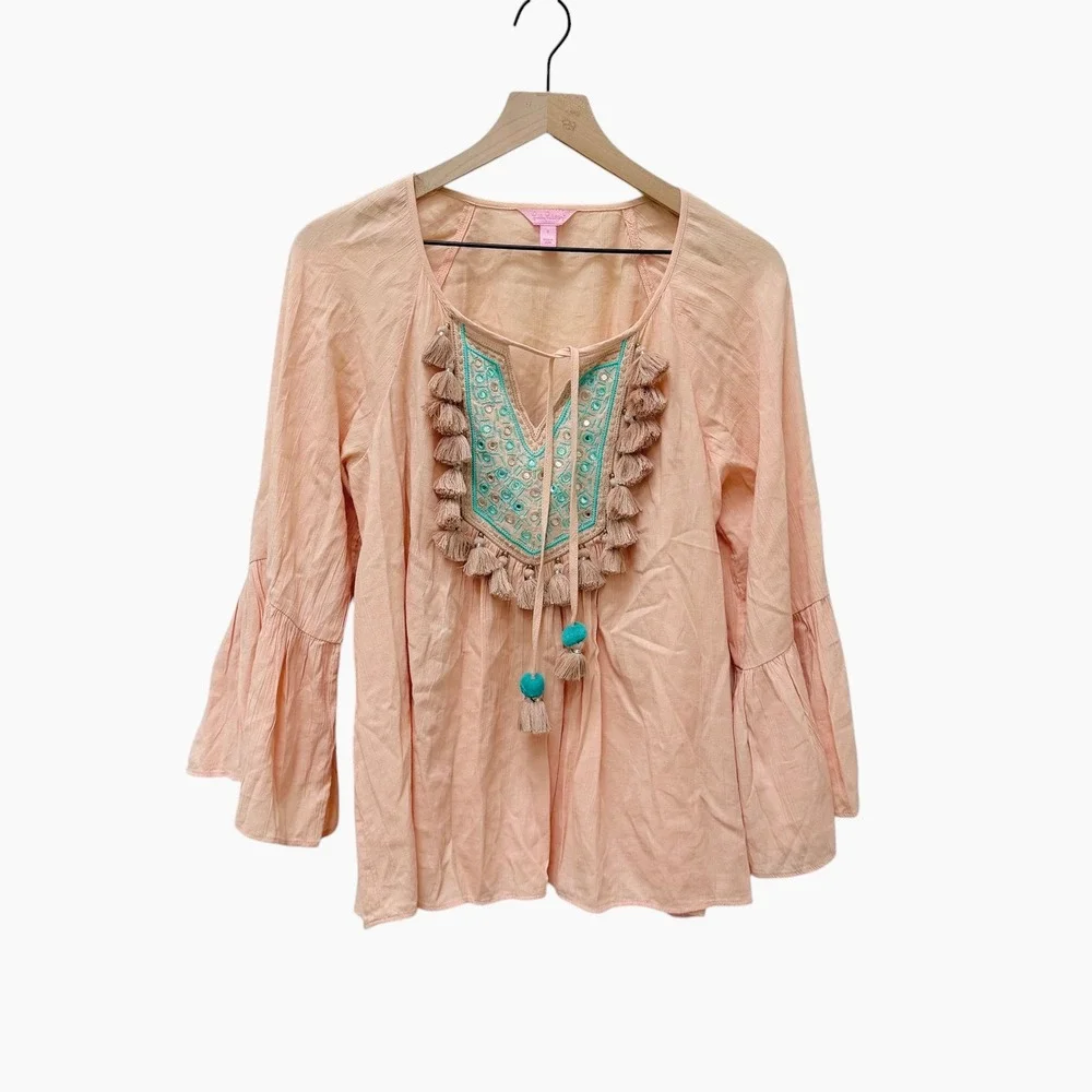 Lilly Pulitzer Peach Boho Tassel Embroidered‎ Bell Sleeve Blouse Top Small